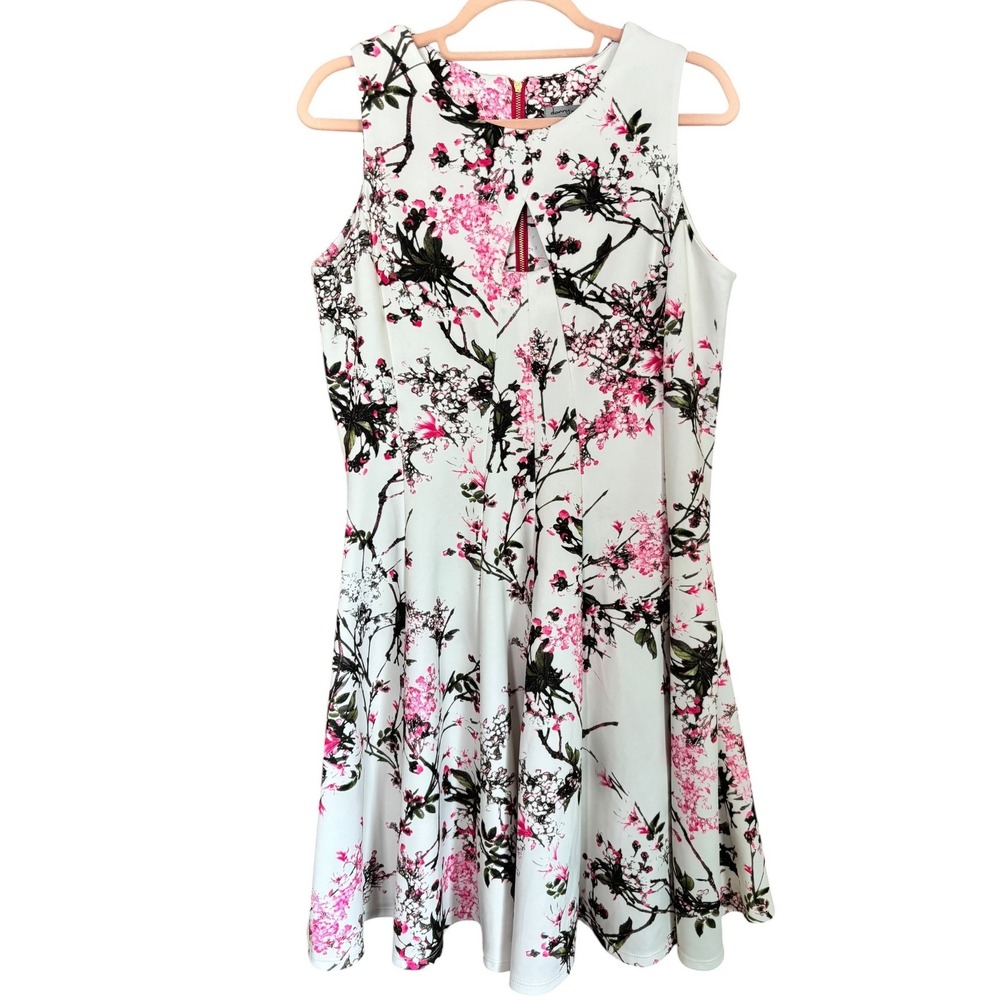 Danny and Nicole Womens Floral Cherry Blossom Fit Flare Dress White Pink Size 12